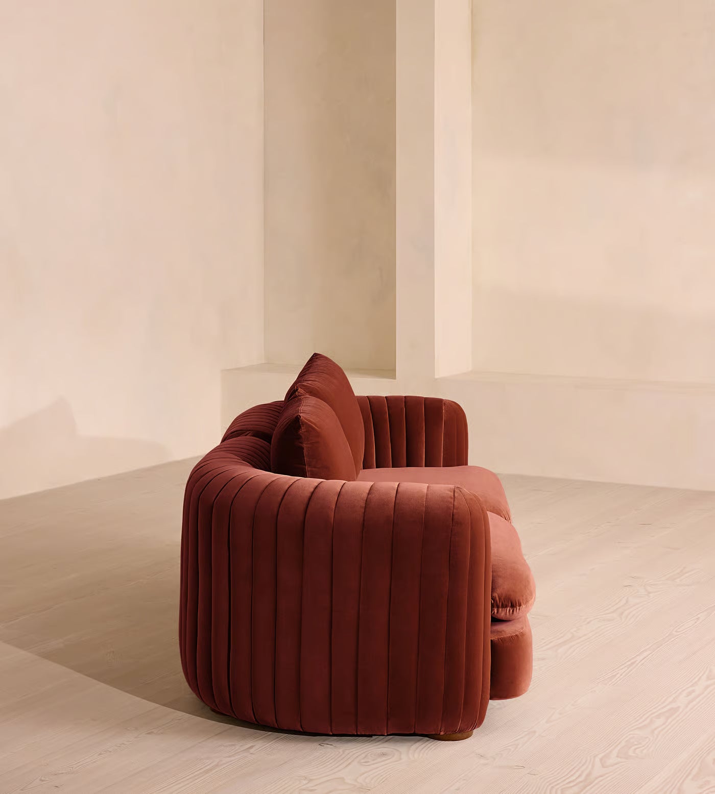 Rust Velvet Fluted Curved Loveseat Sofa
