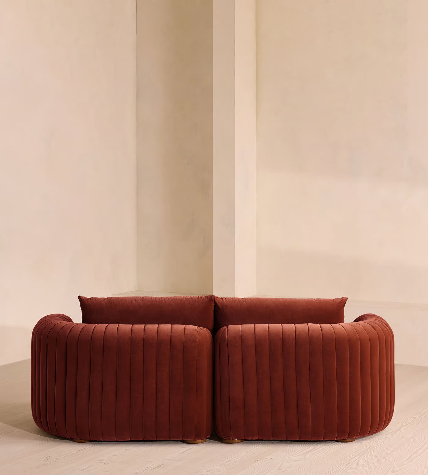 Rust Velvet Fluted Curved Loveseat Sofa
