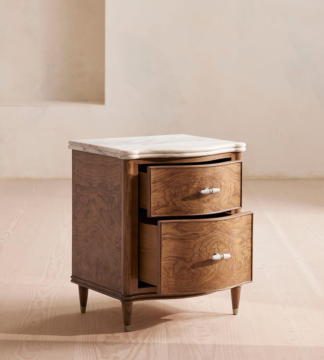 Elegant Curved Wood Stone Top Nightstand