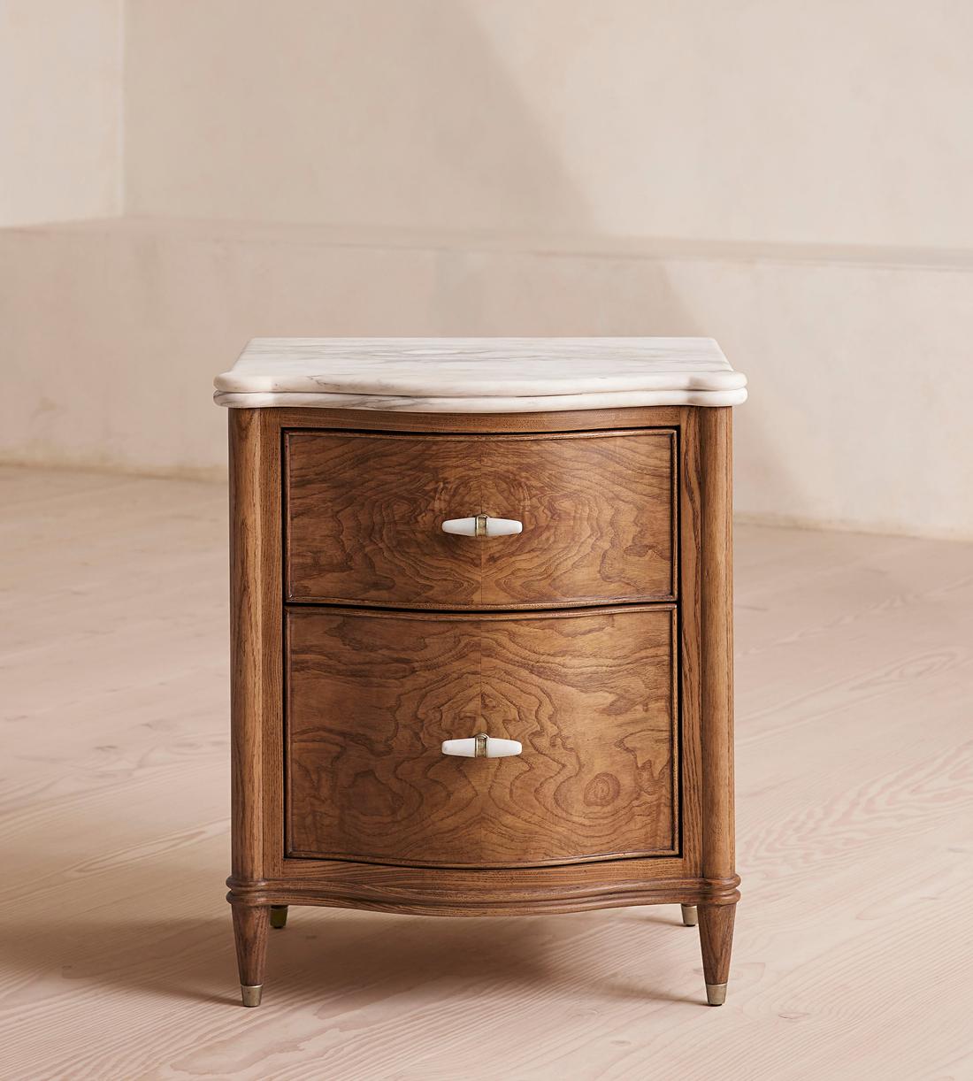 Elegant Curved Wood Stone Top Nightstand