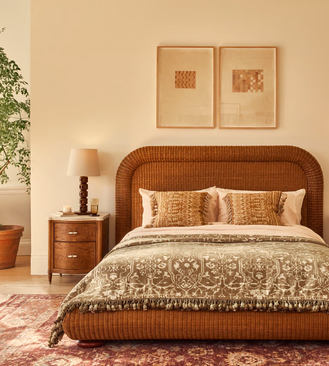 Tan Patterned Pillow With Tassel Trim
