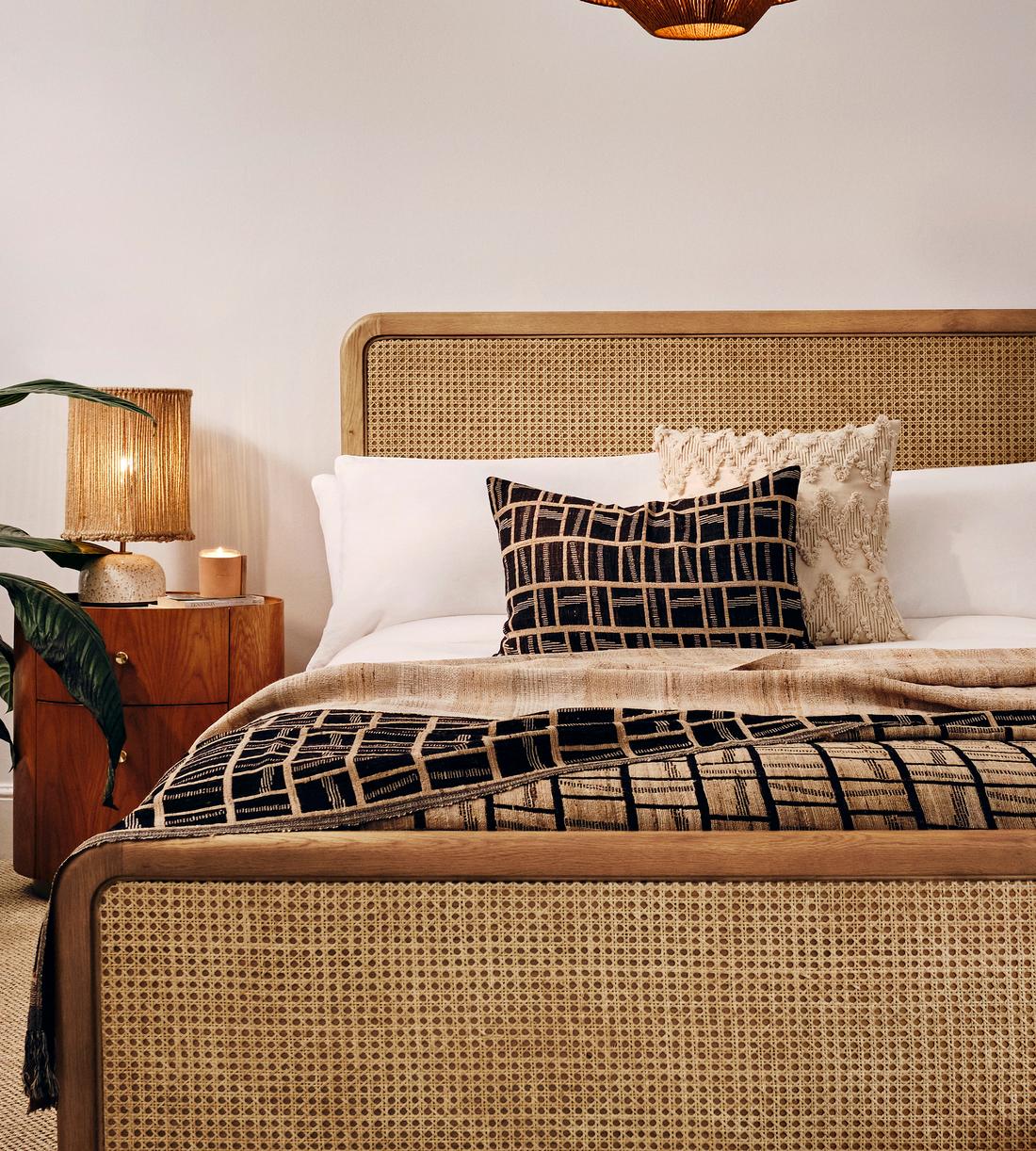 Modern Oak and Woven Cane Bed