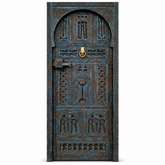 Aged Blue Hand-Carved Moroccan Door with Brass Ring