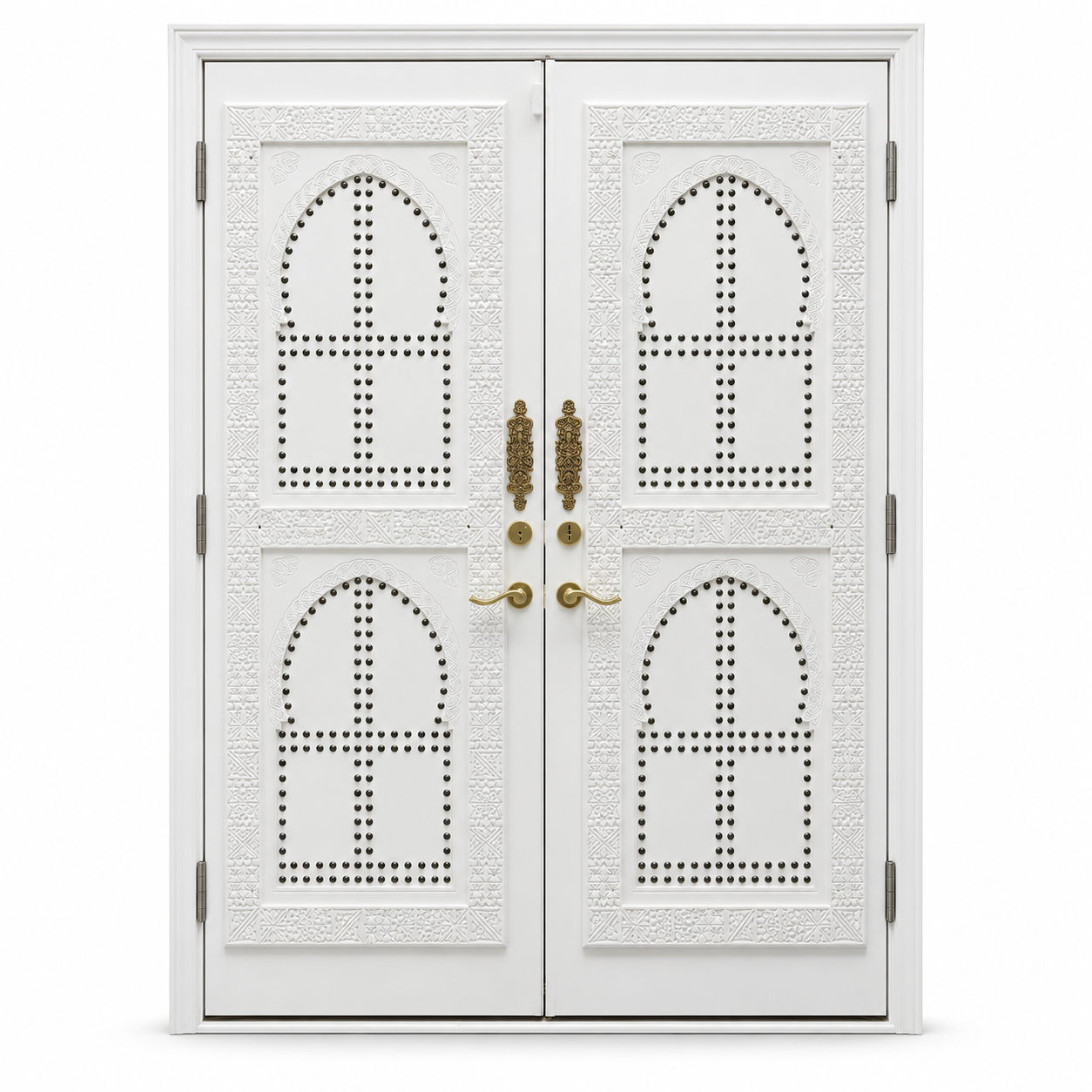 White hand-carved Moroccan double door with brass hardware