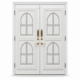 White hand-carved Moroccan double door with brass hardware
