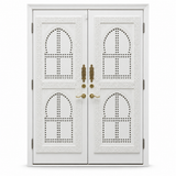White hand-carved Moroccan double door with brass hardware