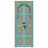 Sky-blue hand-painted Moroccan floral double door with Moorish arch
