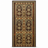 Dark cedar Moroccan double door with ornate gold-tone geometric and floral metal inlay
