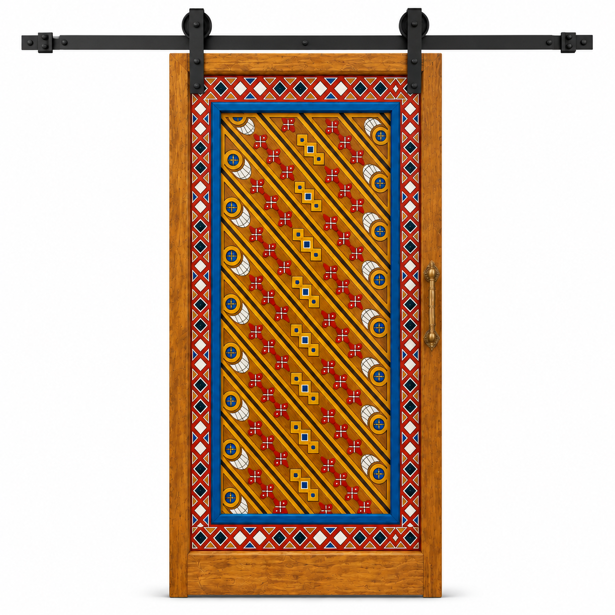 Colorful hand-painted Moroccan redwood sliding barn door with black rail hardware