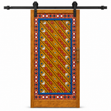 Colorful hand-painted Moroccan redwood sliding barn door with black rail hardware
