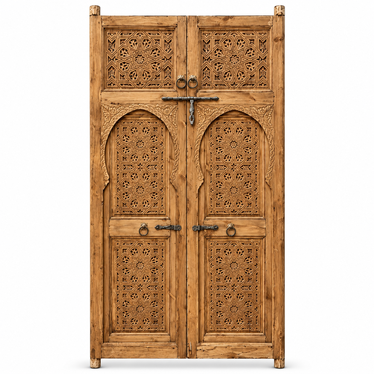 Natural wood Moroccan double door with geometric carving, horseshoe arches, and forged iron hardware