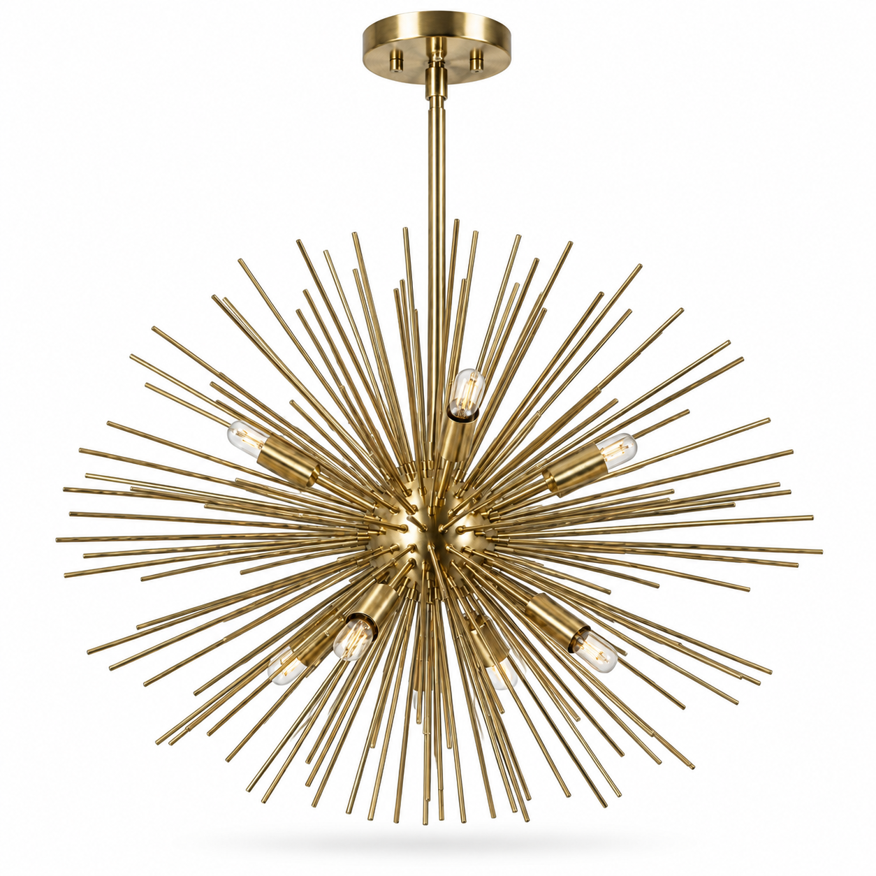 Handcrafted polished brass Sputnik chandelier with radial starburst design