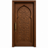 Moroccan Walnut Finish Door – Islamic Geometric Jali Arch Panel, Brass Handle, Custom Size