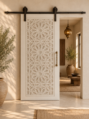 Moroccan Hand-Carved White Sliding Barn Door – Geometric Star Arabesque, Solid Wood