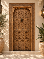 Moroccan Hand-Carved Cedar Wood Door with Frame – Geometric Star, Custom Made