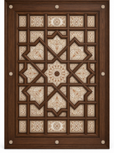 Moroccan Walnut & Carved Plaster Coffered Ceiling – 8-Pointed Star Grid & Arabesque Panels