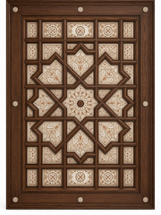 Moroccan Walnut & Carved Plaster Coffered Ceiling – 8-Pointed Star Grid & Arabesque Panels