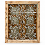 Antique Moroccan Cedar Wood Window | 100+ Year Old Wrought Iron Scroll Grille Wall Decor