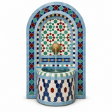 Handmade Moroccan Zellige Mosaic Wall Fountain | Fez Multicolor Star Pattern, Blue Arch & Free Water Pump