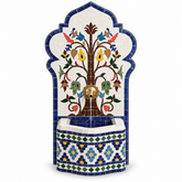 Handmade Moroccan Tree of Life Mosaic Wall Fountain | Zellige Tiles, Cobalt Blue Arch & Brass Faucet