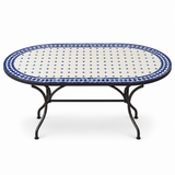 Cobalt Blue & White Zellige Mosaic Oval Dining Table — Diamond Dot Pattern