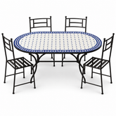 Cobalt Blue & White Zellige Mosaic Oval Dining Table — Diamond Dot Pattern