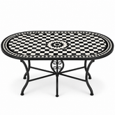 Black & White Zellige Mosaic Oval Dining Table — Checkerboard & Star Medallion