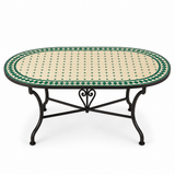 Ivory & Green Zellige Mosaic Oval Dining Table — Diamond Dot Pattern