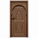 Hand-Carved Berber Door with Arched Frame – Whitewash Detail, Tribal Geometric, Custom Size