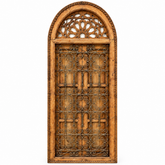 Handcrafted Moroccan arched cedar wood window with wrought iron scroll grille and geometric star arch
