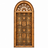 Handcrafted Moroccan arched cedar wood window with wrought iron scroll grille and geometric star arch