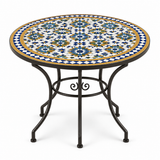 Round zellige mosaic dining table with cobalt blue white and honey gold star pattern tile top and dark wrought iron scrolled base