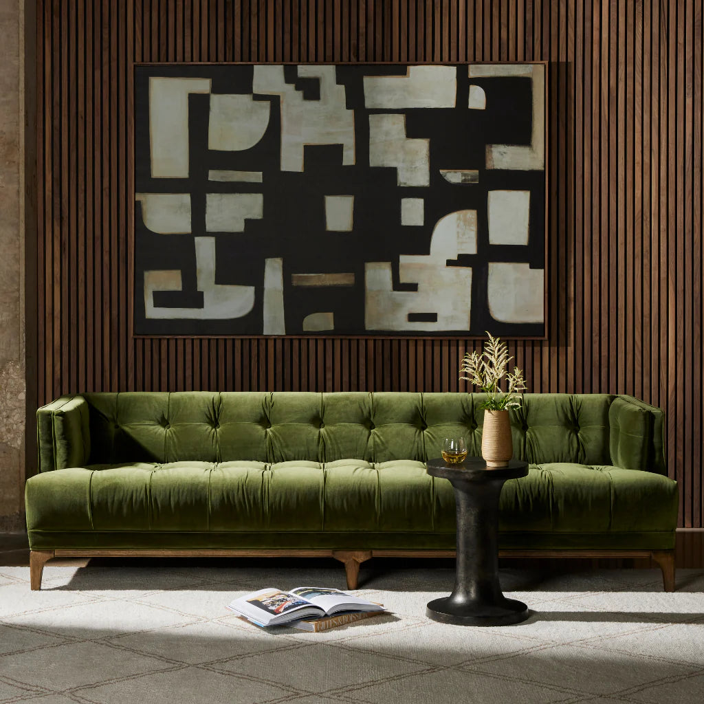 Mid-Century Olive Green Velvet Tufted Sofa