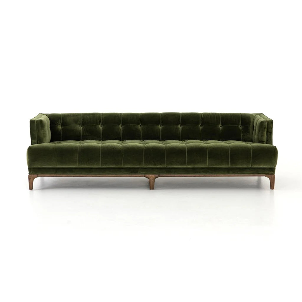 Mid-Century Olive Green Velvet Tufted Sofa