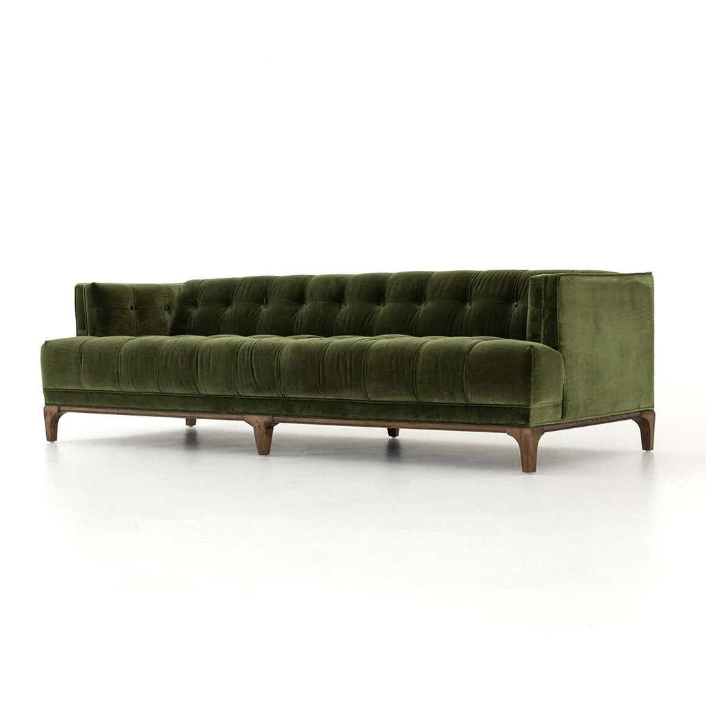 Mid-Century Olive Green Velvet Tufted Sofa