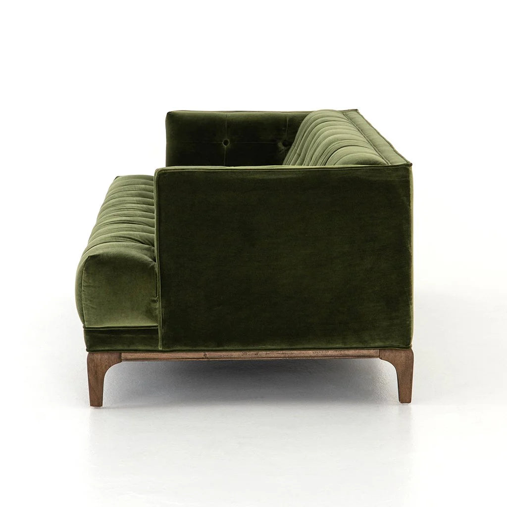 Mid-Century Olive Green Velvet Tufted Sofa