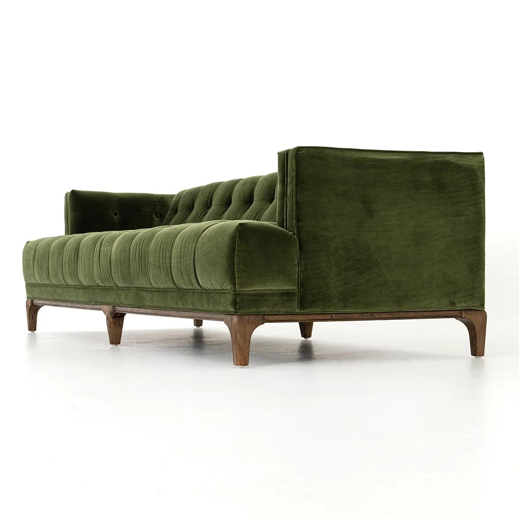 Mid-Century Olive Green Velvet Tufted Sofa
