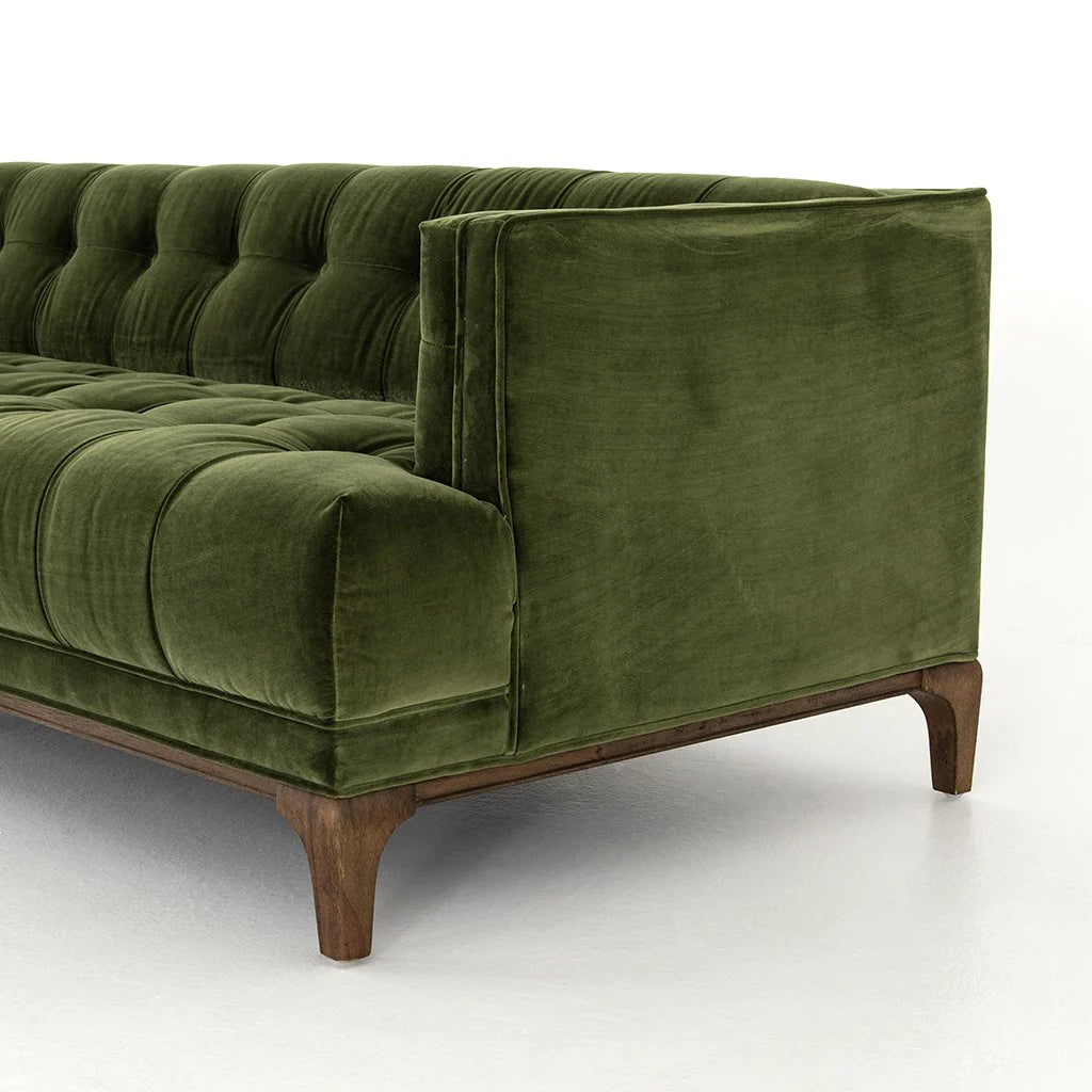 Mid-Century Olive Green Velvet Tufted Sofa
