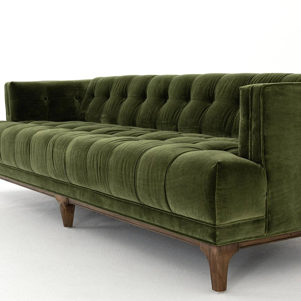 Mid-Century Olive Green Velvet Tufted Sofa