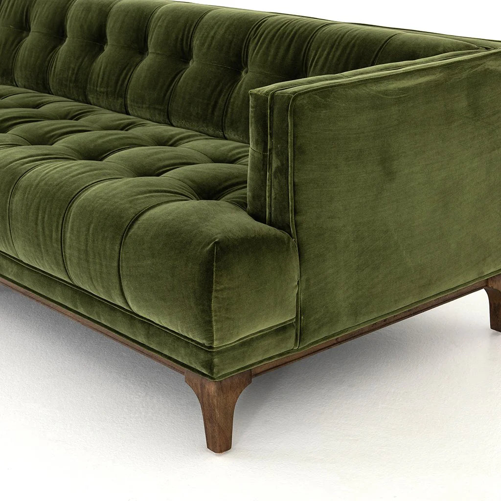 Mid-Century Olive Green Velvet Tufted Sofa