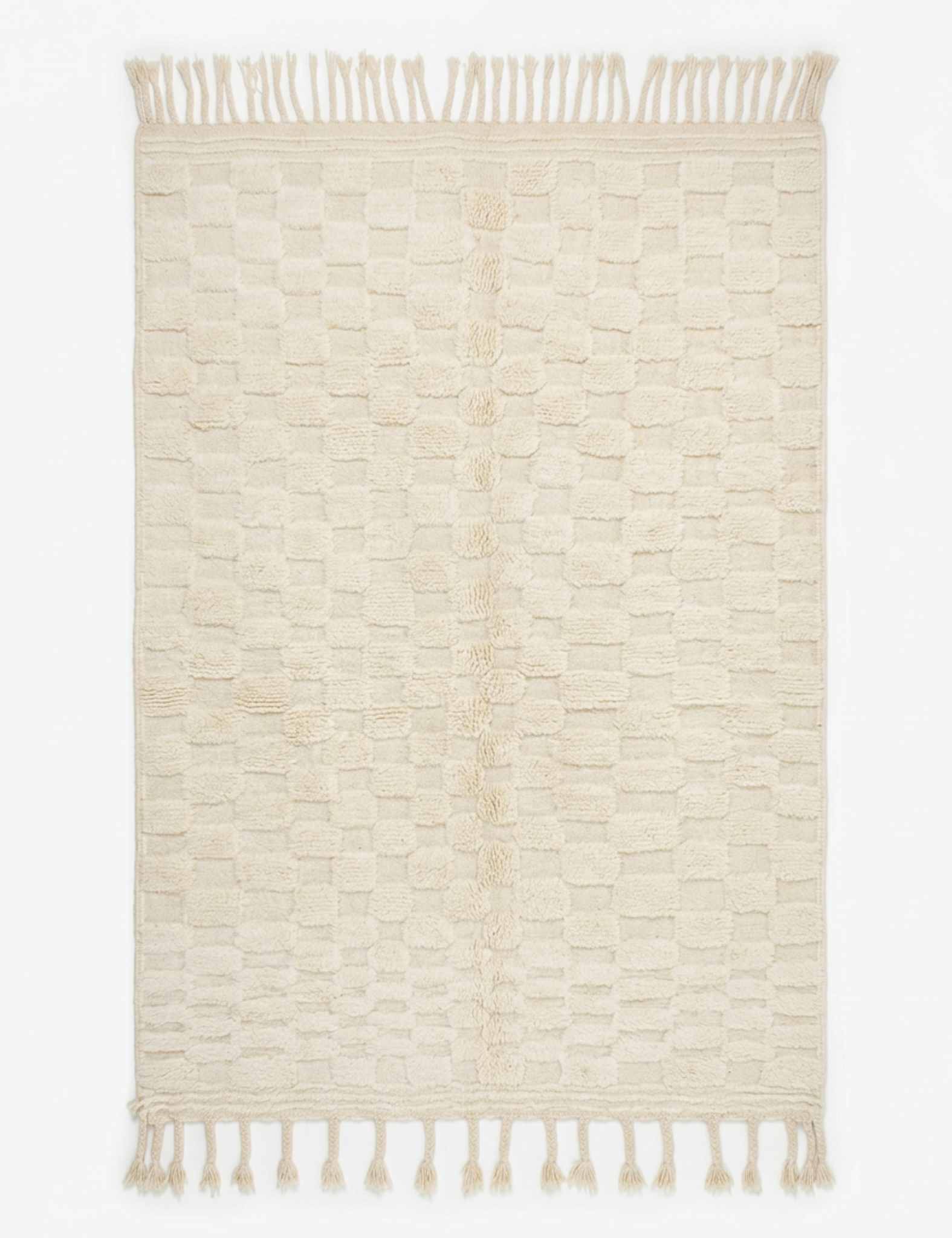 Cream Textured Checkered Moroccan Rug
