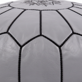 Grey Leather Pouf - Panel Stitching