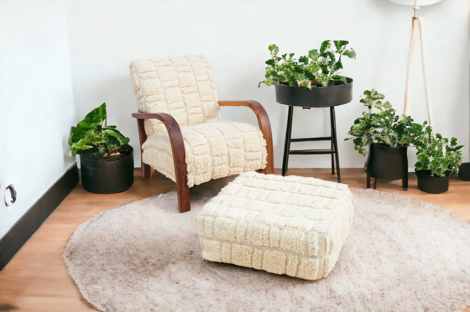 Cream Textured Fabric Armchair and Ottoman