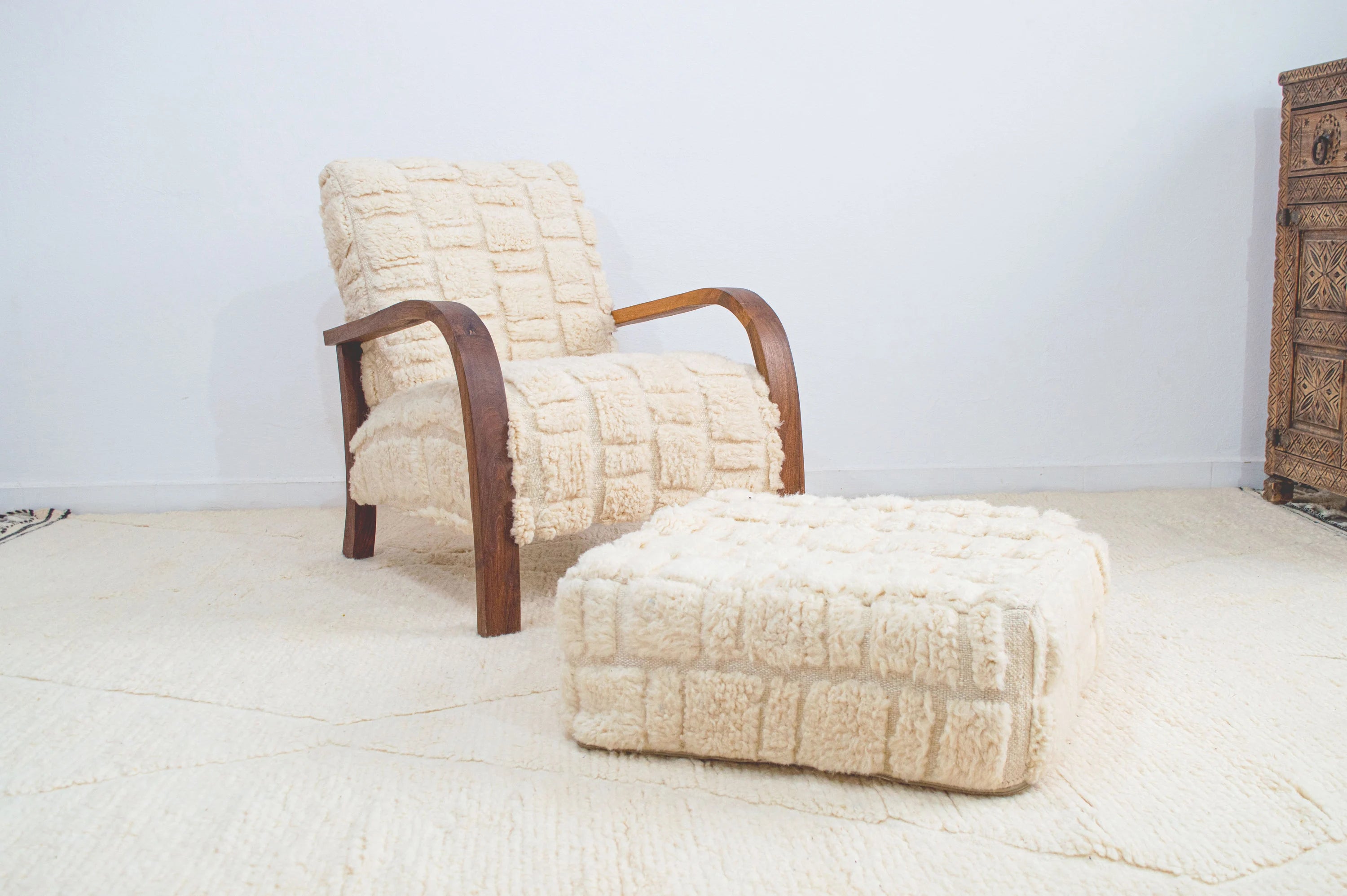 Cream Textured Fabric Armchair and Ottoman