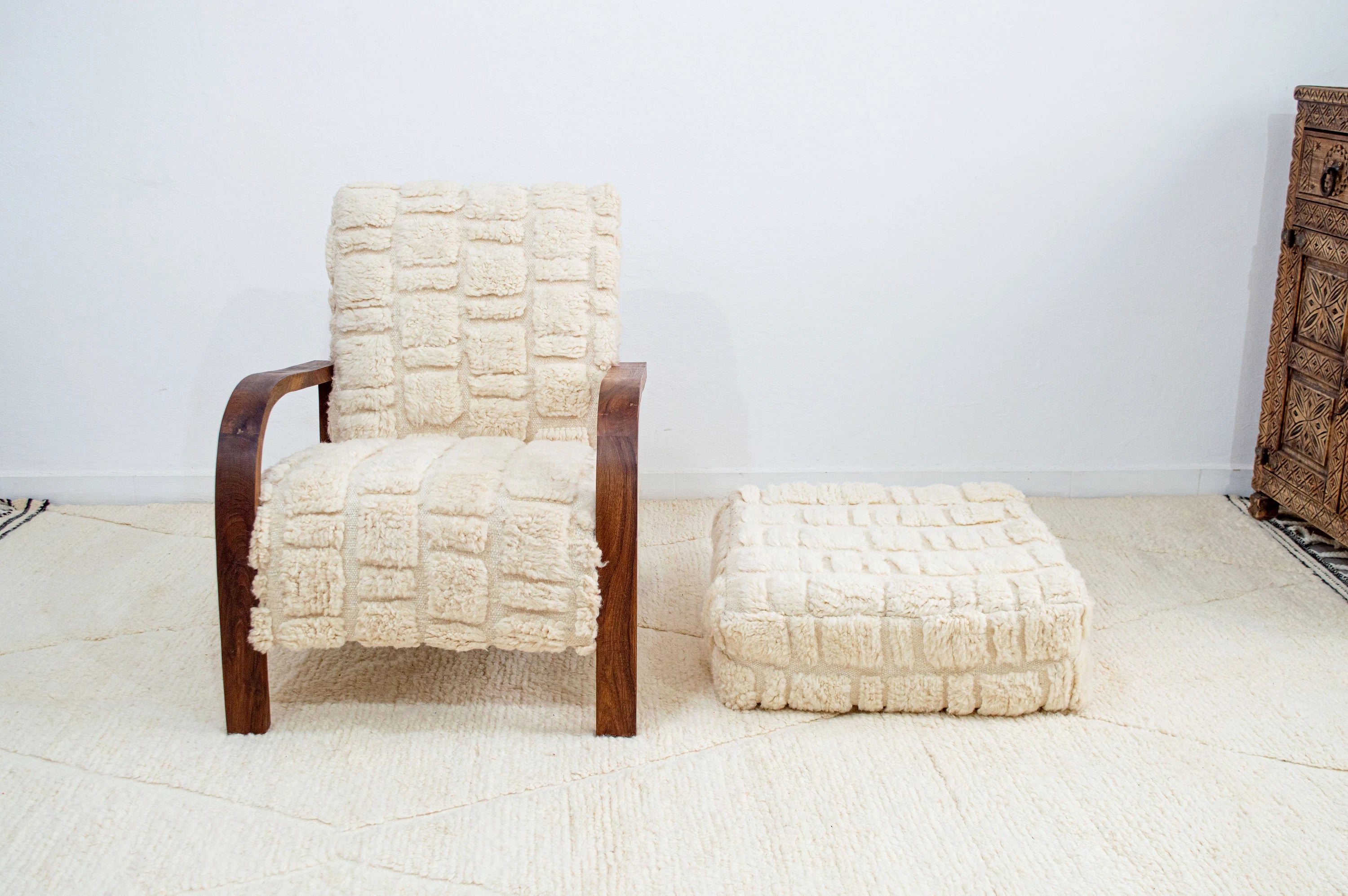 Cream Textured Fabric Armchair and Ottoman