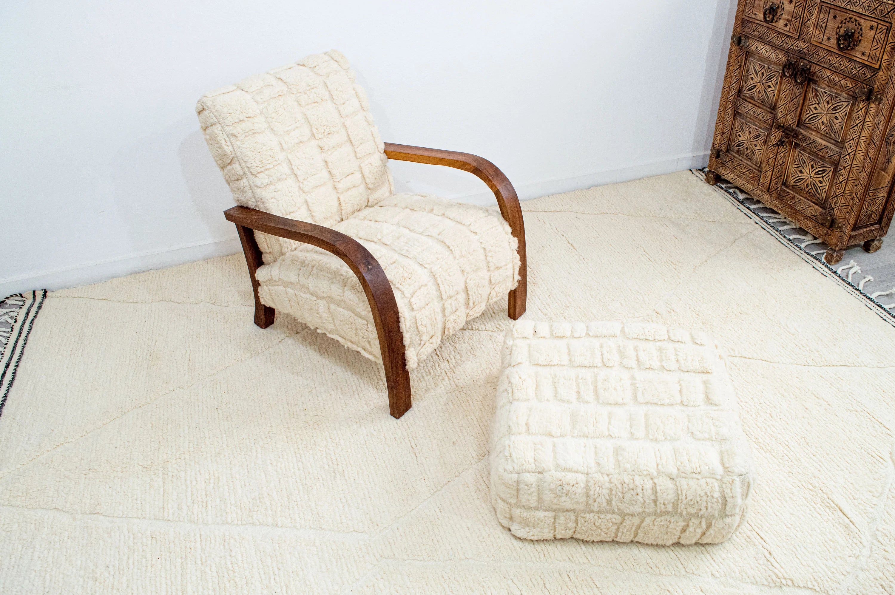 Cream Textured Fabric Armchair and Ottoman