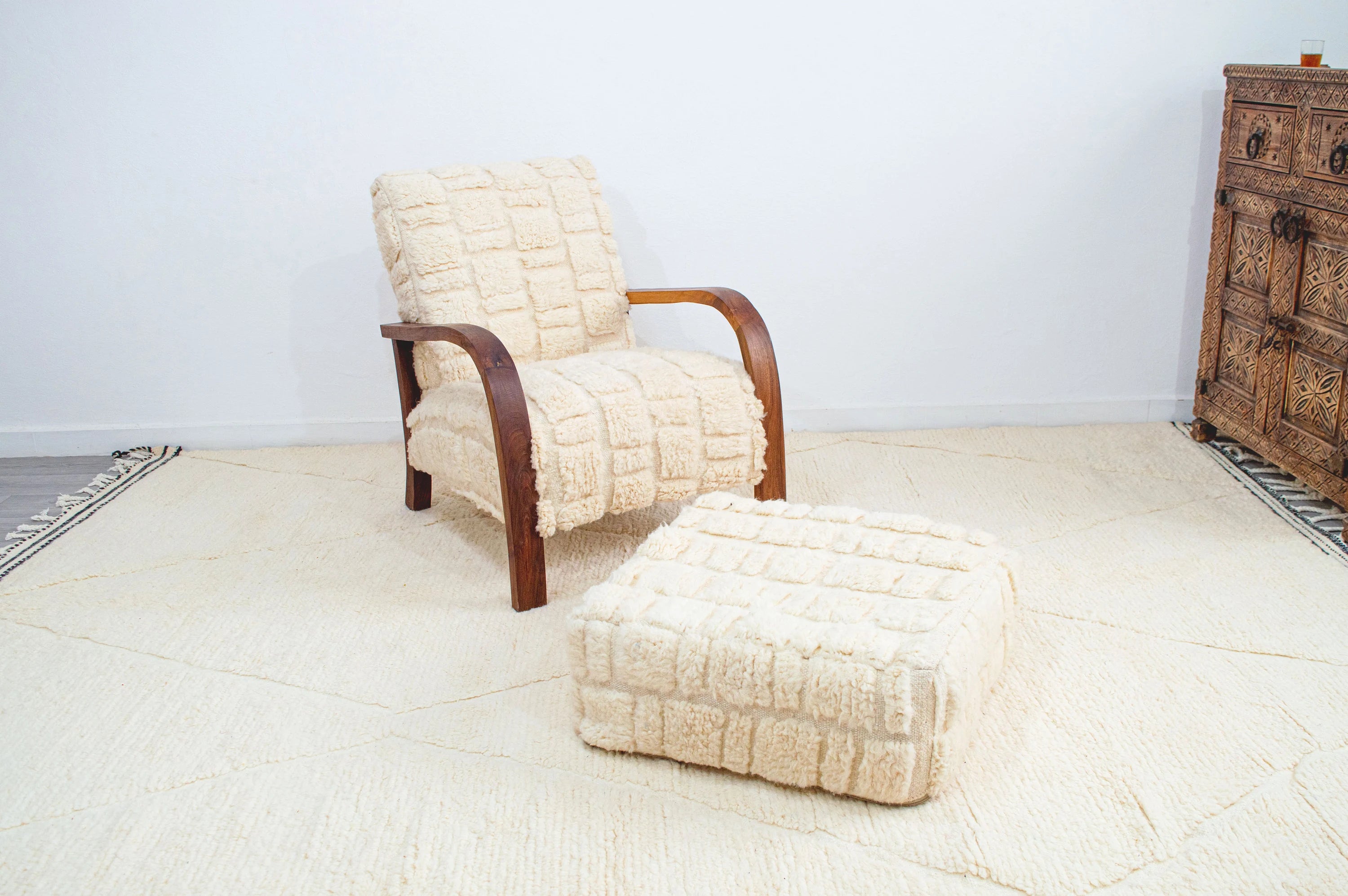 Cream Textured Fabric Armchair and Ottoman