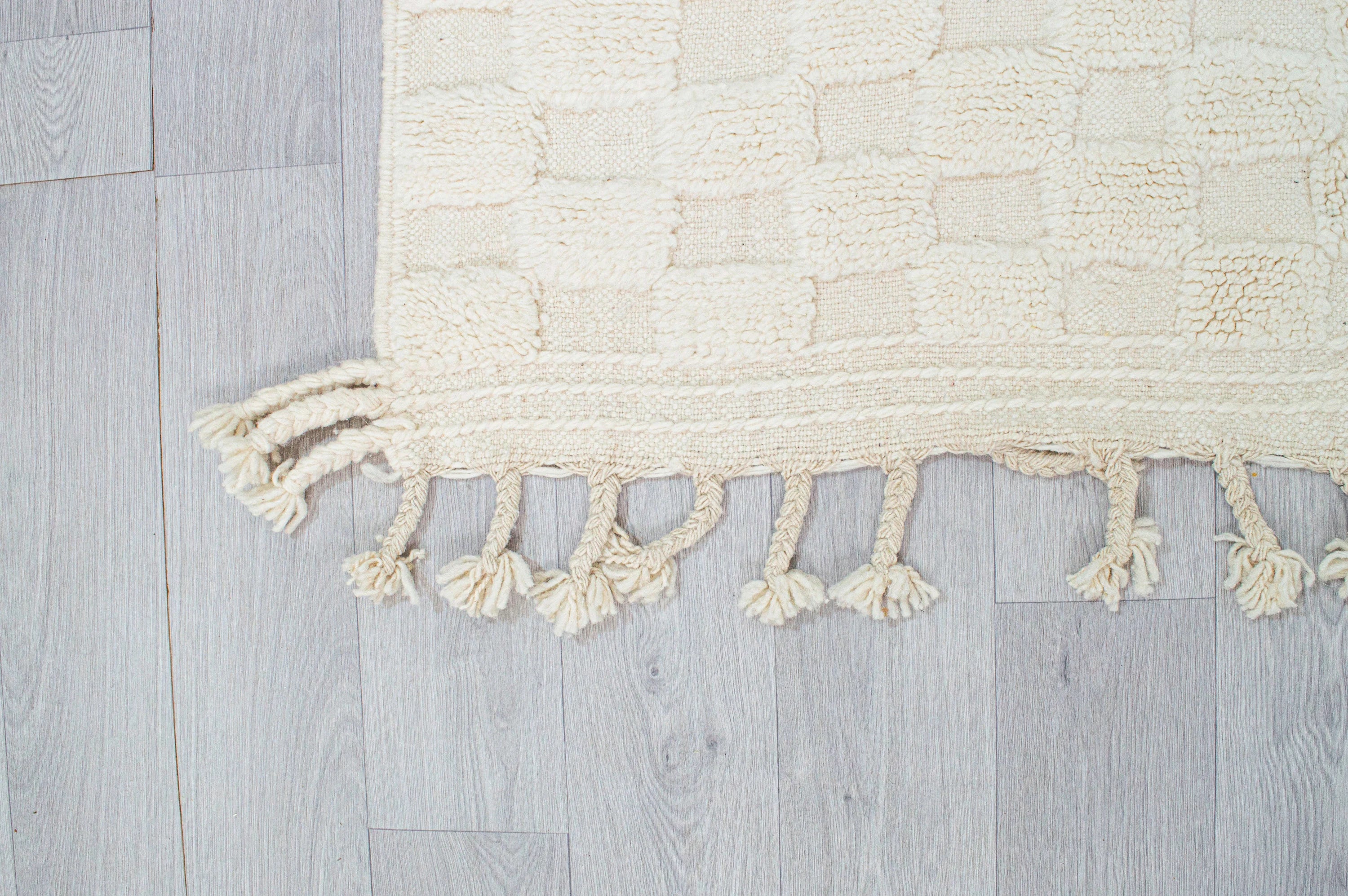 Cream Textured Checkered Moroccan Rug