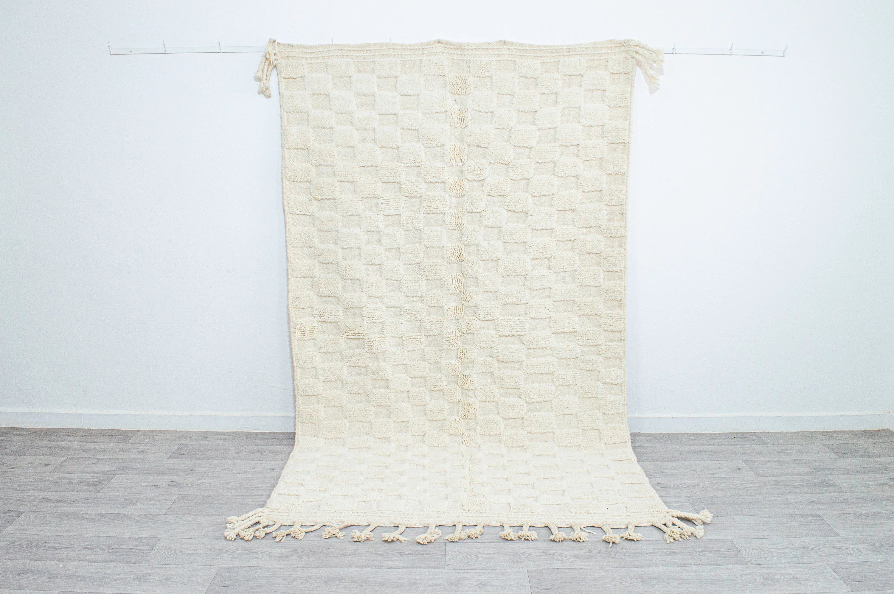 Cream Textured Checkered Moroccan Rug
