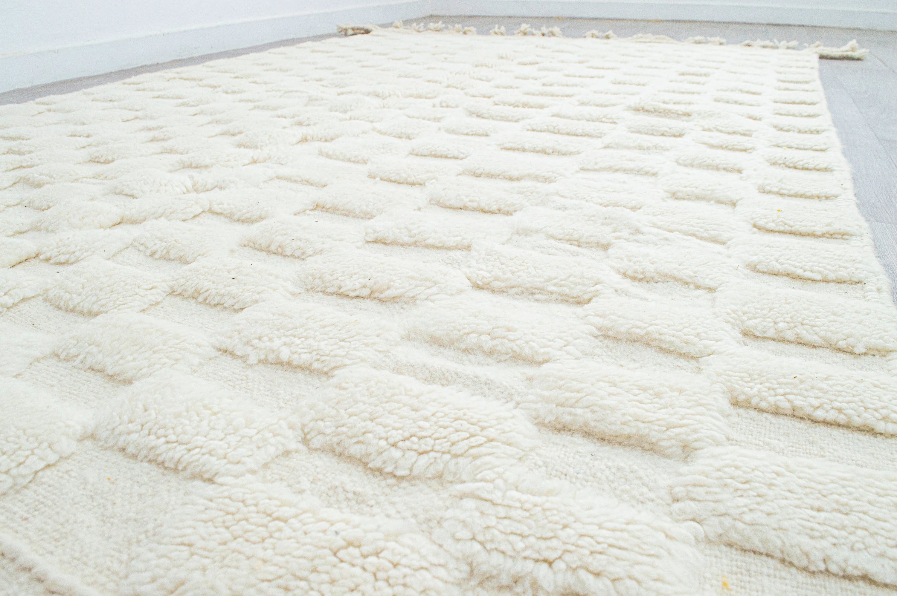Cream Textured Checkered Moroccan Rug